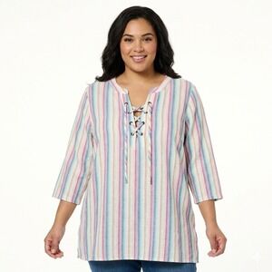 Catherines Womens 2X Tunic Top Multi Color Stripe Lace Up Linen Blend 3/4 Sleeve